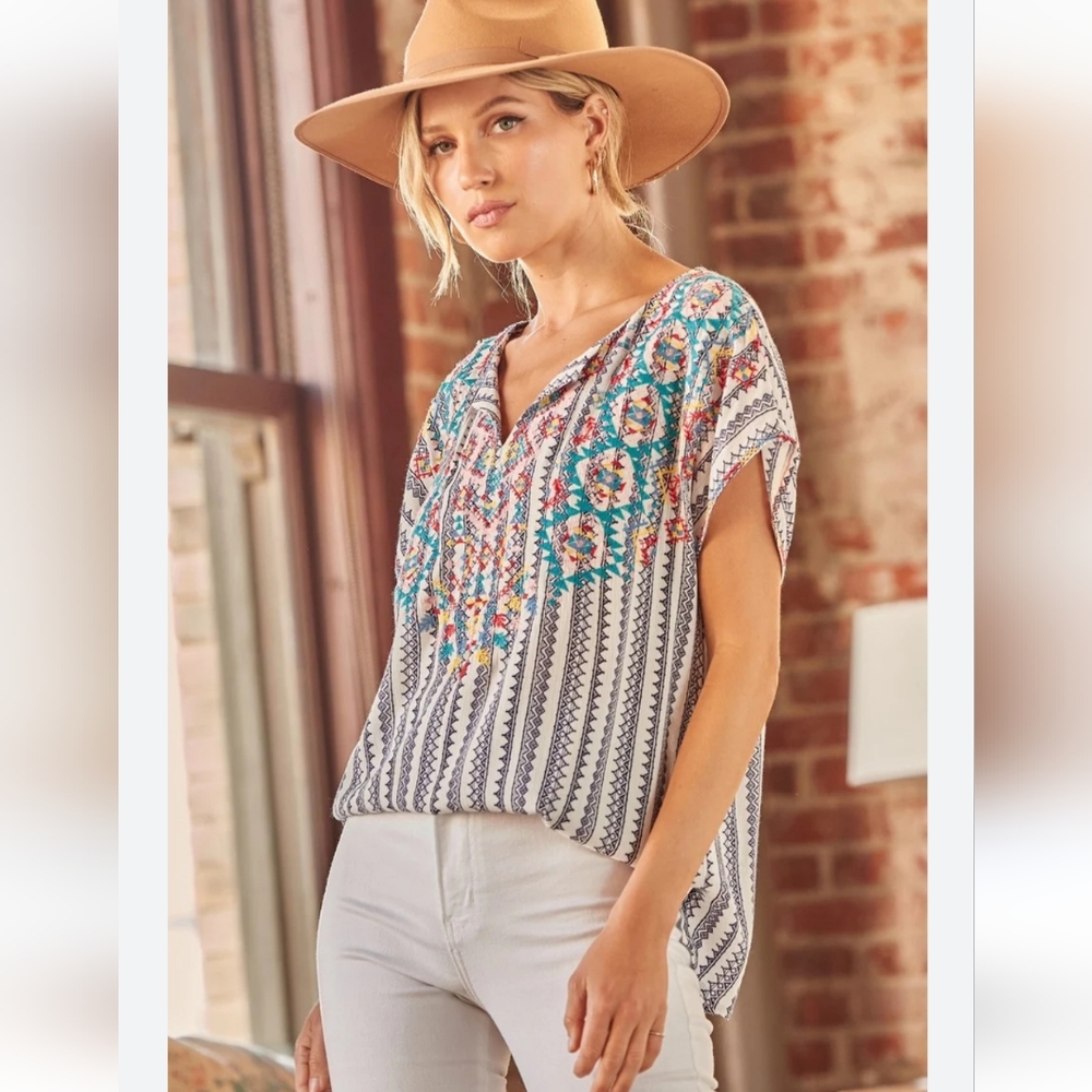 Savanna Jane Embroidered Multi Media Blouse Boho Chic Women's Size S Retro